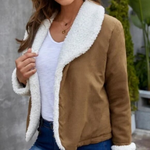 NWOT-M🤎–🤍Brown-M-Sherpa lined jacket / Faux-shearing jacket-white collar - Picture 4 of 5